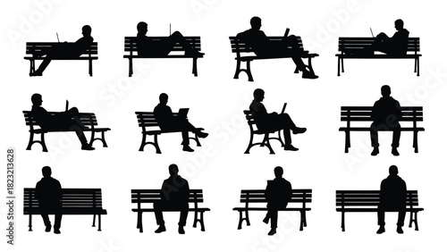 People sitting on benches silhouettes isolated on white background, Vector