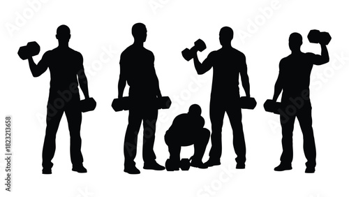 Male silhouettes exercising with dumbbells isolated on white background, Vector