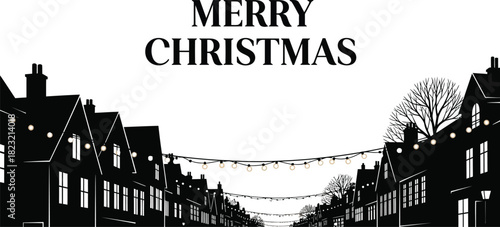 Merry christmas written in black letters on a white background with houses and lights