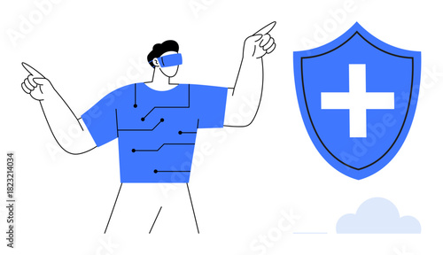 Virtual reality user pointing with both hands, wearing tech-inspired outfit, near shield with medical cross. Ideal for technology, security, healthcare, innovation, data protection, futurism