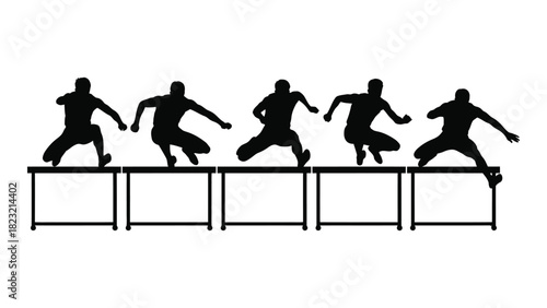 Hurdle race athlete silhouettes in motion isolated on white background, Vector