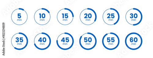 Business Productivity Timer Icons – Blue Circular 5, 10, 15, 20, 25, 30, 35, 40, 45, 50, 55, 60 Minute Countdown Set