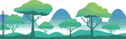 Stylized forest landscape vector illustration with layered trees, gradient mountains, rolling hills, and tranquil atmosphere for nature design and backgrounds