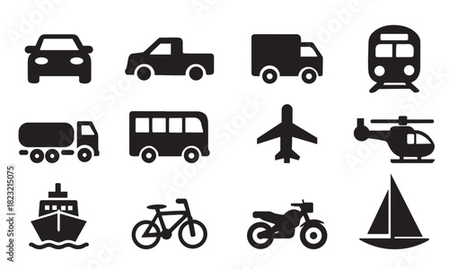 Transportation and logistics vehicle icon set. Car, delivery truck, bus, train, plane, ship, and motorcycle silhouette vector collection.
