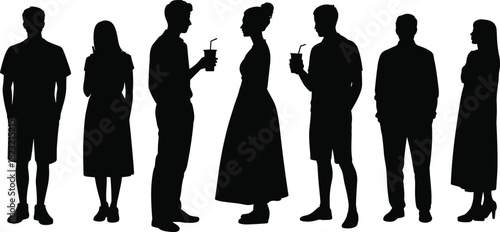 Stylized human silhouette set, seven diverse standing figures, fashion and posture variations, vector graphic, social behavior clipart, minimal design