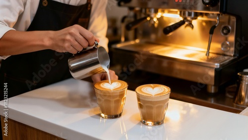 A barista expertly pours steamed milk to create beautiful heart latte art in two glasses of coffee on a cafe counter.