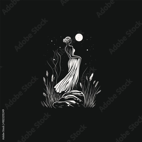 vintage-style illustration of a woman in an elegant, flowing dress standing on a rock amidst tall grass, with her back to the viewer and looking up at a full moon and starry night sky