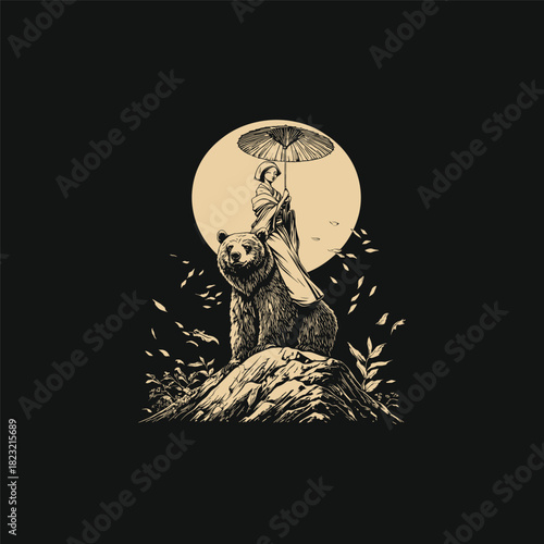 vintage engraving-style illustration of an elegant woman holding a parasol while riding on the back of a large bear, standing on a rock under a full moon and flying leaves