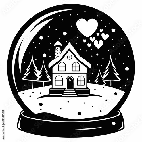 Cozy Black and White Snow Globe Vector Illustration Featuring a Winter Cottage, Pine Trees, and Floating Hearts – Perfect for Christmas, Romance, Holiday Greeting Cards, and Valentine's Day Designs