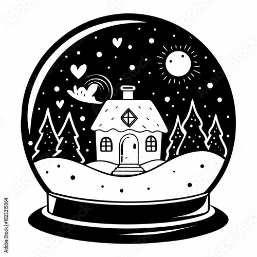 Cozy Black and White Snow Globe Vector Illustration: Charming Winter Cottage, Falling Snowflakes, Pine Trees, and Hearts Doodle Art for Christmas and Holiday Design.