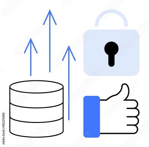 Data security concept. Data security ensures safe cloud storage and growth, ed by database symbols, lock for protection, and a thumbs-up icon for approval. For cybersecurity, data management, cloud