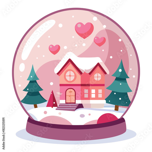 Enchanting Pink Snow Globe Vector Illustration with Cozy Winter Cottage, Pine Trees, and Falling Hearts – Perfect for Valentine's Day, Christmas, and Romantic Holiday Greetings