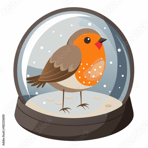 Cute cartoon snow globe bird vector illustration sitting on a tree branch with leaves and nature design elements suitable for a holiday card