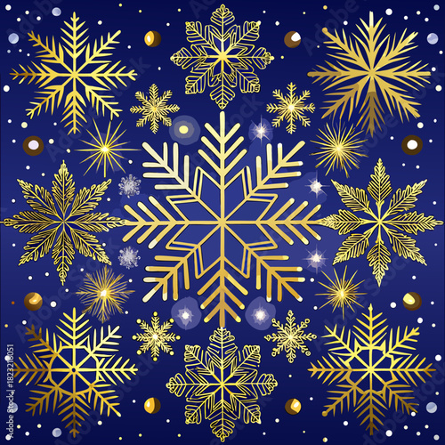Luxurious Golden Snowflakes Vector Background Pattern on Deep Blue Winter Sky. Elegant Ornate Christmas Holiday Design for Greeting Cards, Wrapping Paper, or Festive Banners.
