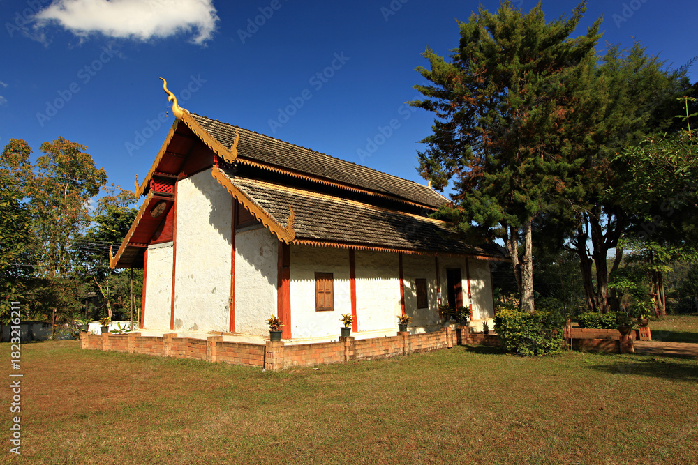 Fototapeta premium Scenery of Ubosot with glasses, Chan Temple or Wat Chan Temple at Galyani Vadhana District, Chiang Mai Province, Thailand