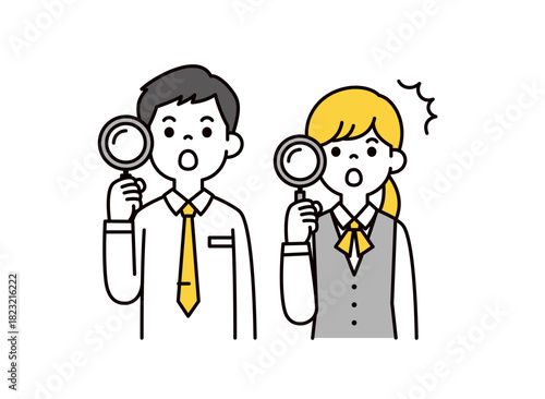 虫眼鏡を持って驚く、若い男性社員と女性社員のシンプルな上半身ベクターイラスト素材