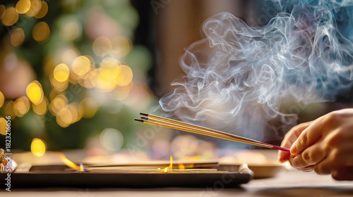 Burning Incense Sticks with Smoke and Christmas Tree Lights Bokeh