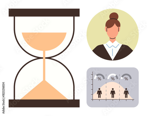 Hourglass symbolizes time next to a female avatar and a demographic graph. Ideal for time management, business strategy, workforce analysis, gender studies, statistical analysis, leadership