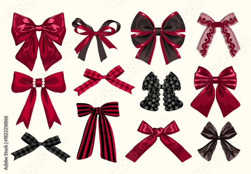 Red and Black Ribbon Bow Set. Glossy, Plaid, Lace, and Striped Decorative Vector Clipart Collection