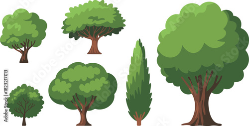 Stylized tree illustration set, six diverse canopy shapes and trunk styles, nature vector collection, botanical design elements, landscape clipart