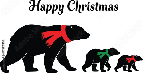 Happy christmas with three bears wearing festive red and green bows isolated on white background