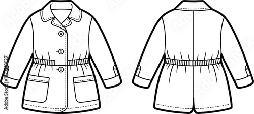 Technical coat drawing, front and back fashion flats, black and white garment sketch, vector graphic, apparel design element, pattern clipart
