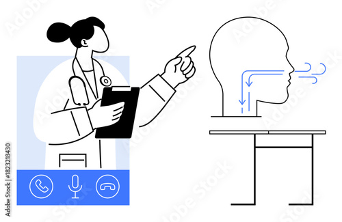 Doctor discusses respiratory system on a video call while gesturing toward an anatomical diagram. Ideal for telemedicine, healthcare, education, remote consultation, anatomy, medical advice, simple
