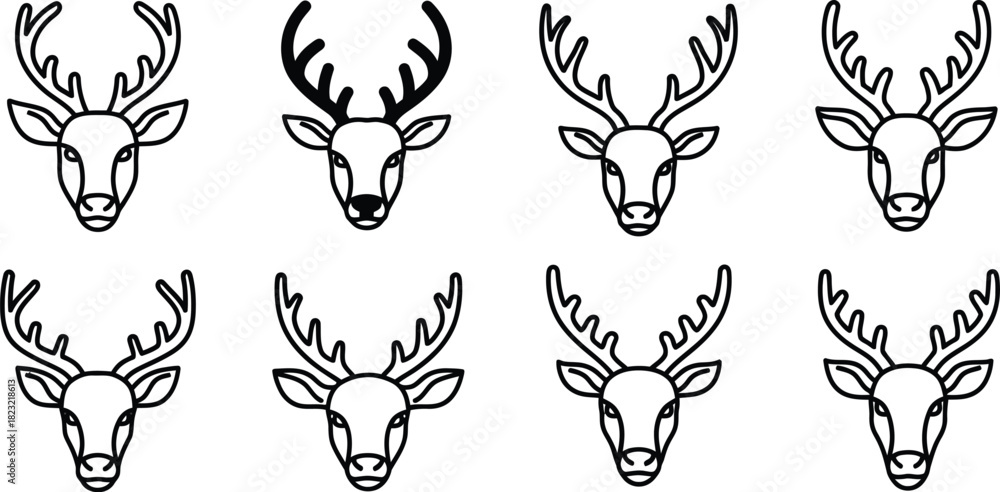 Obraz premium Set of nine deer heads with antlers in a grid pattern on white background