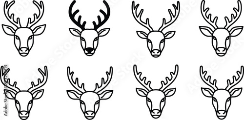 Set of nine deer heads with antlers in a grid pattern on white background