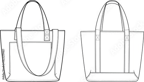 Tote bag technical illustration set, front and back views with stitching details, pocket and handle design, black-and-white vector drawing