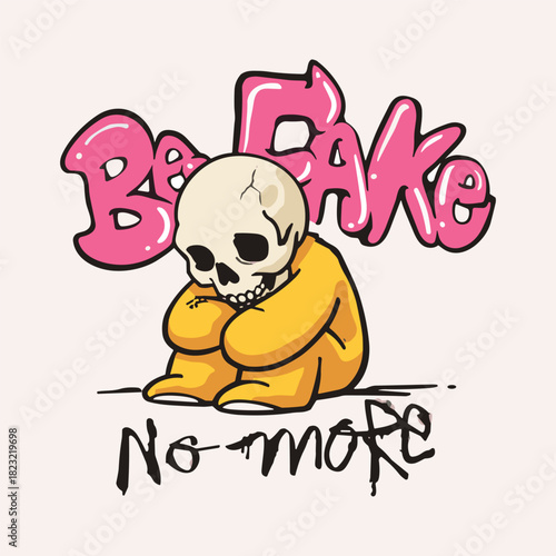 Vector illustration of a melancholy skull in a yellow teddy bear suit, sitting dejectedly, surrounded by pink graffiti lettering