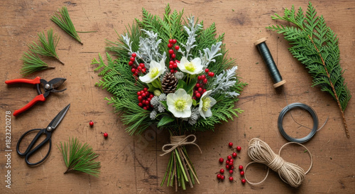 Winter bouquet being arranged at a flower workshop, featuring vibrant red berries and lush greenery on a rustic wooden table with tools and materials, arranging