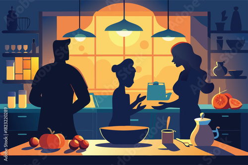 Cozy family preparing dinner together in warm kitchen light, sharing a precious moment of togetherness and love, creating lasting memories in a safe space