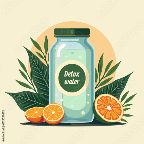 Detox water jar surrounded by fresh oranges and green leaves  