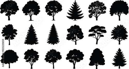 Tree silhouette vector set with twenty distinct shapes including coniferous and deciduous varieties for nature illustration, landscape design, and botanical art