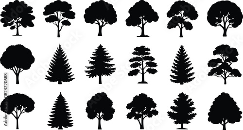 Tree silhouette vector set with twenty unique shapes, including coniferous and broadleaf varieties for landscape design, botany, and illustration projects
