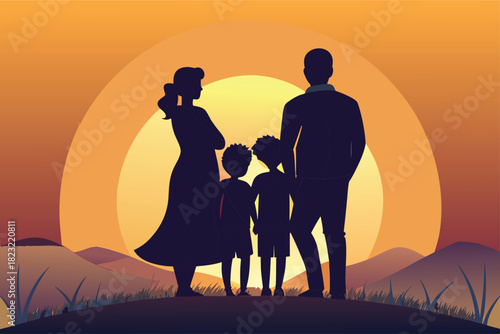 Silhouette family watching stunning sunset together on summer vacation, creating lasting memories, perfect for travel blogs and family publications