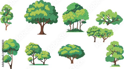 Tree vector set with varied shapes and foliage styles, cartoon forest elements, seasonal greenery icons, landscape design illustration, nature species collection