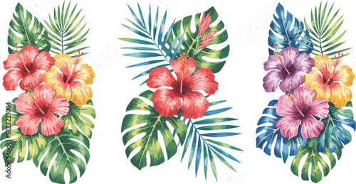 Tropical flower illustration set, hibiscus and palm leaf arrangements, botanical vector graphic, nature design elements, exotic floral clipart