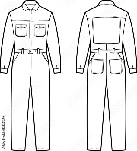 Utility jumpsuit vector set, front and back fashion sketch with flap pockets, belted waist, zipper closure, and detailed stitching for garment design