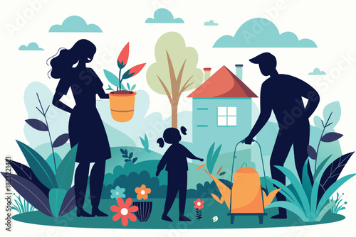Family gardening together in vibrant backyard illustration featuring mother, father, and child enjoying outdoor activities near their home and garden