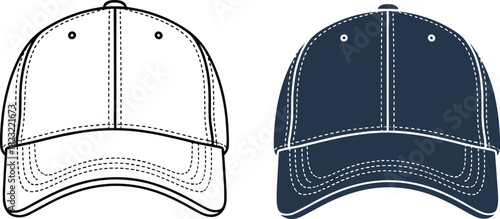 Baseball cap illustration, outline and filled, stitching detail, curved brim, cad drawing flat vector, fashion accessory, headwear icon