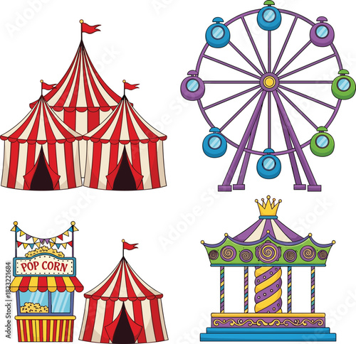 Carnival tent, Ferris wheel, popcorn stand, carousel ride, amusement park, fairground attractions, festive fun, colorful entertainment, circus scene, family event