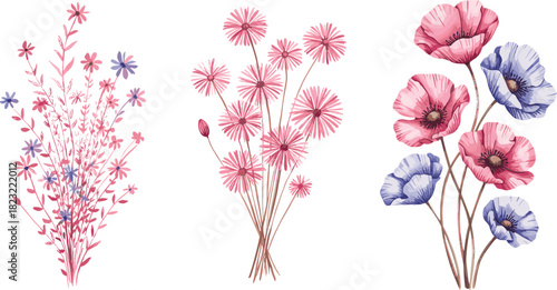 Watercolor flower illustration set, three stylized floral arrangements, botanical vector graphic, nature design elements, artistic bouquet clipart