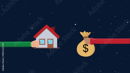 Flat Design House Transaction Illustration with Hand Holding Red Roof Home and Hand Offering Money Bag in Night Background for Real Estate Marketing and Financial Banner