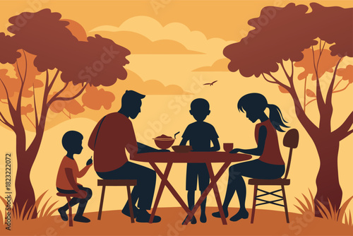 Family enjoying a delightful outdoor meal under the trees, bonding over food and conversation in a warm, inviting setting perfect for family values ads