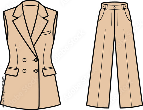 Women’s fashion vector set, sleeveless double-breasted blazer and wide-leg trousers, beige outfit illustration, formal wear, garment design sketch