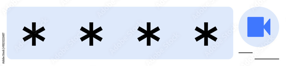 Obraz premium Four asterisks representing a password field and video call icon symbolizing security, privacy, and virtual interaction. Ideal for digital security, data privacy, online access, communication, remote