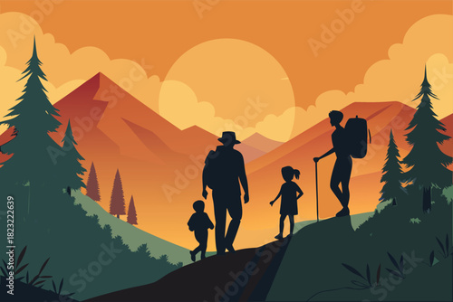 Family adventure awaits as they hike through scenic mountains at sunset, creating lasting memories and embracing nature's beauty together on this outdoor journey