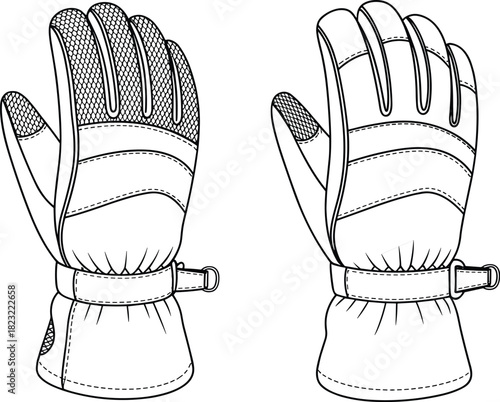 Winter glove technical drawing, palm and back view gear sketch, padded gloves with grip and strap, vector graphic, apparel design element